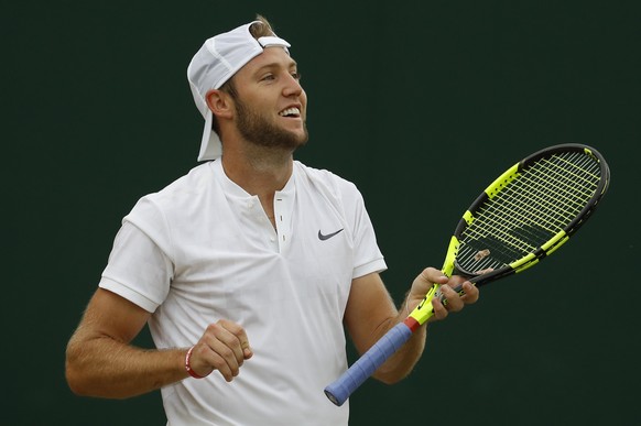 Jack Sock of the United States plays against Austria&#039;s Sebastian Ofner in their Men&#039;s Singles Match on day four at the Wimbledon Tennis Championships in London Thursday, July 6, 2017. (AP Ph ...