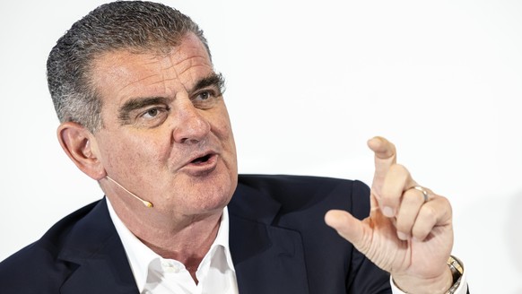 Peter Spuhler, Verwaltungsratspraesident spricht an der Bilanzmedienkonferenz der Stadler Rail, am Mittwoch, 15. Maerz 2023 in Bussnang. (KEYSTONE/Michael Buholzer).
