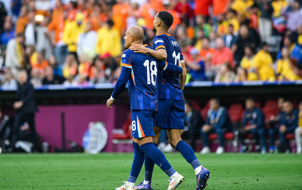 MUENCHEN, GERMANY - 2 JULY, 2024: Donyell Malen, Cody Gakpo, The football match of EURO 2024 Romania vs. Netherlands at Alianz Arena PUBLICATIONxNOTxINxRUS Copyright: xVITALIIxKLIUIEVx