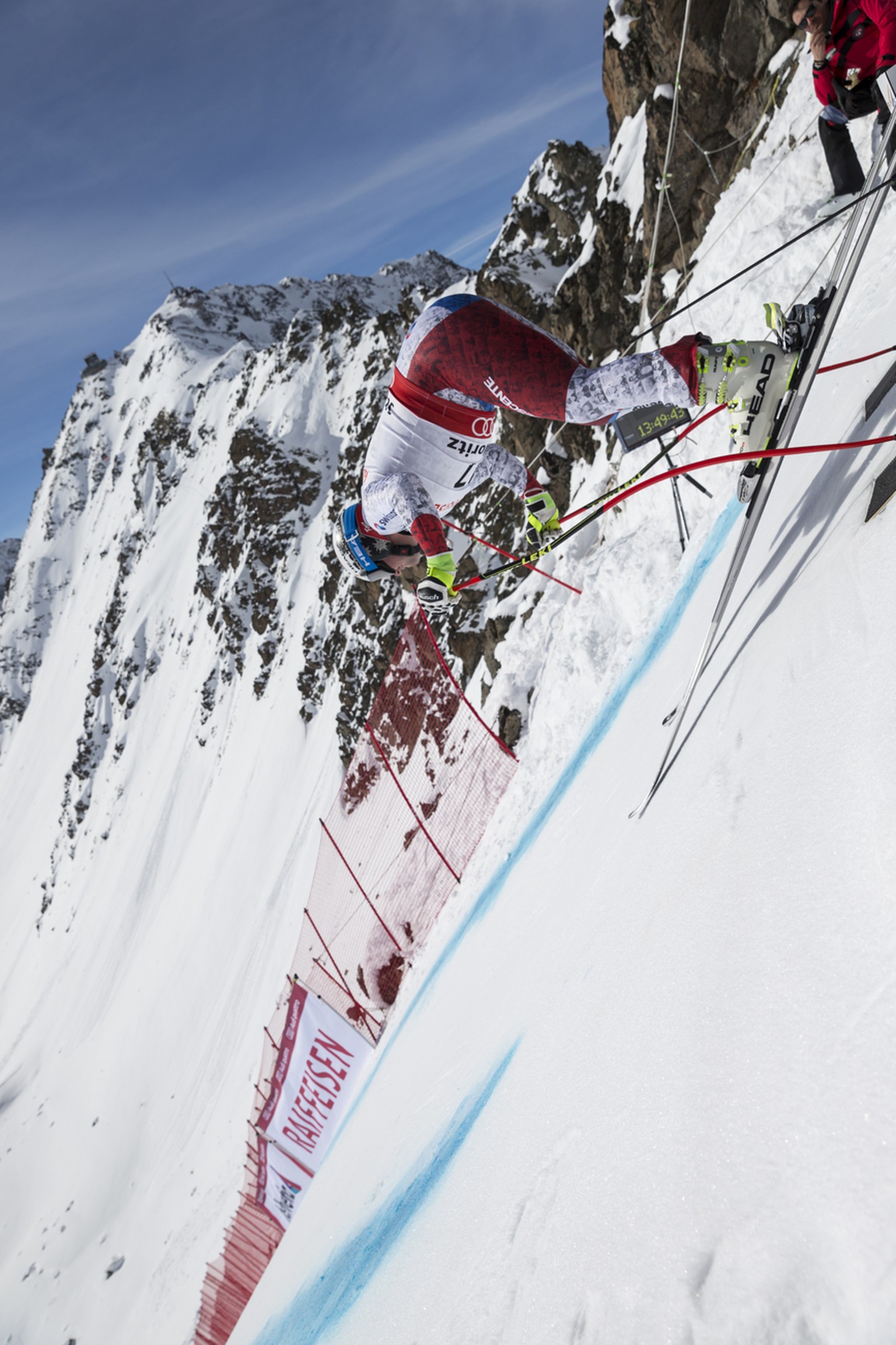 Beat Feuz of Switzerland at the free fall start during the mens downhill training at the 2017 FIS Alpine Skiing World Championships in St. Moritz, Switzerland, Thursday, February 9, 2017. (KEYSTONE/PO ...