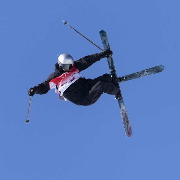 Fabian Boesch of Switzerland in action during the third run of the men&#039;s ski freestyle slopestyle final at the 2022 Winter Olympics in Zhangjiakou, China, on Wednesday, February 16, 2022. (KEYSTO ...