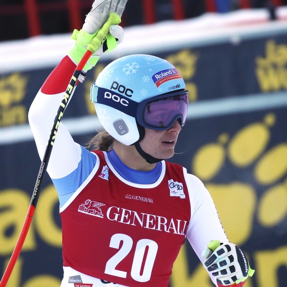 Switzerland&#039;s Jasmine Flury arrives at the finish area during a ski World Cup Women&#039;s Downhill, in Val Gardena, Italy, Tuesday, Dec. 18, 2018. (AP Photo/Alessandro Trovati)