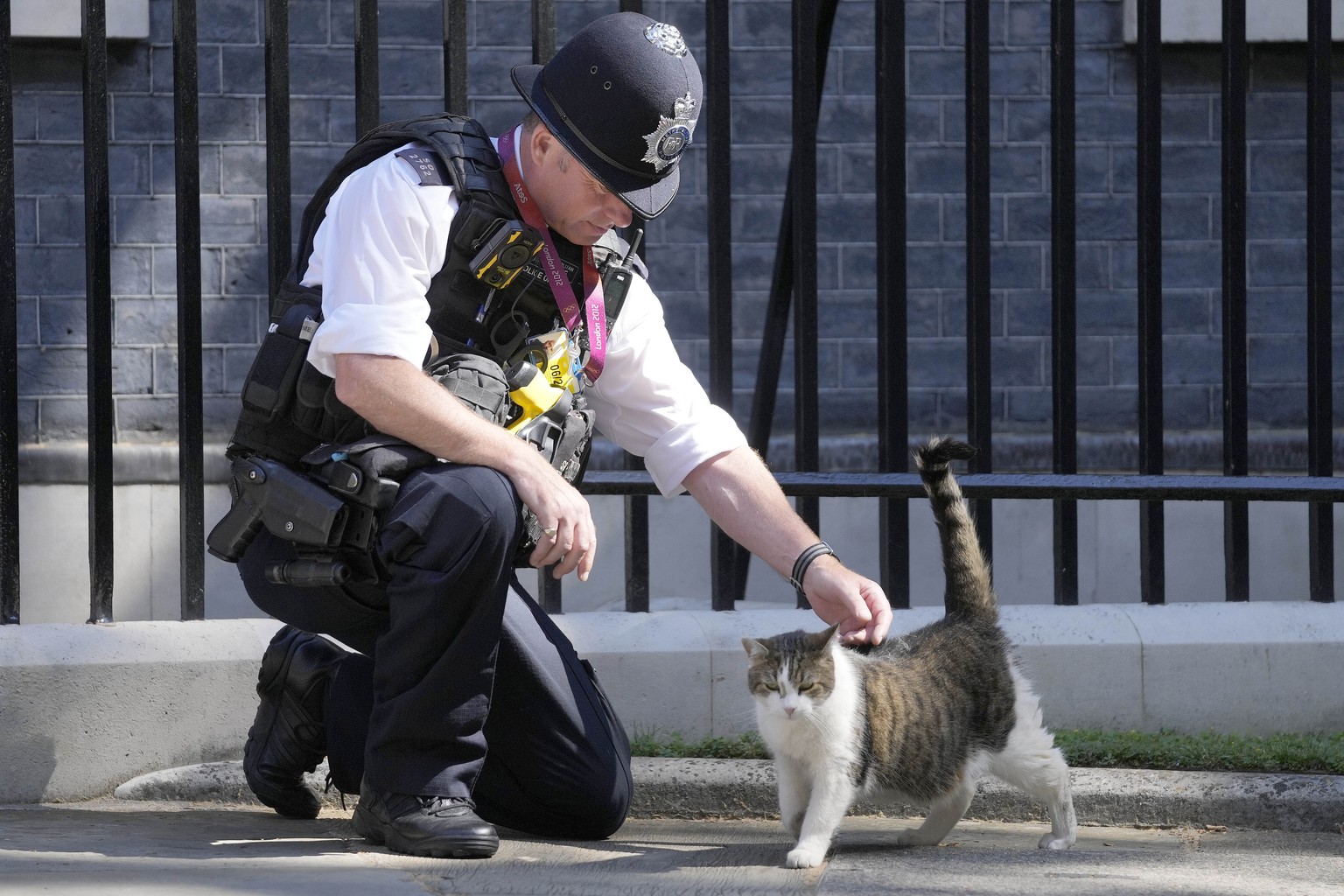 A police officer strokes Larry the Cat, Britain&#039;s Chief Mouser to the Cabinet Office at Downing Street in London, Friday, July 8, 2022. Britain&#039;s Prime Minister Boris Johnson announced that  ...