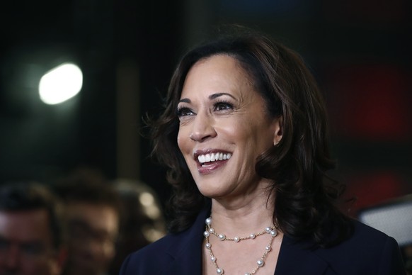 FILE - In this June 27, 2019, file photo, then-Democratic presidential candidate Sen. Kamala Harris, D-Calif., listens to questions after the Democratic primary debate hosted by NBC News at the Adrien ...