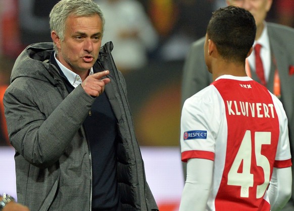 epa05987725 Manchester United manager Jose Mourinho (L) speaks to Ajax player Justin Kluivert after the UEFA Europa League Final match between Ajax Amsterdam and Manchester United held at the Friends  ...