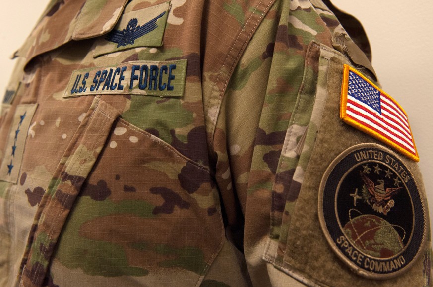 epa08137462 An undated handout photo made available by the United States Space Force (USSF) shows a nametape and camouflage utility uniform pattern for the new US Space Force (issued 18 January 2020). ...