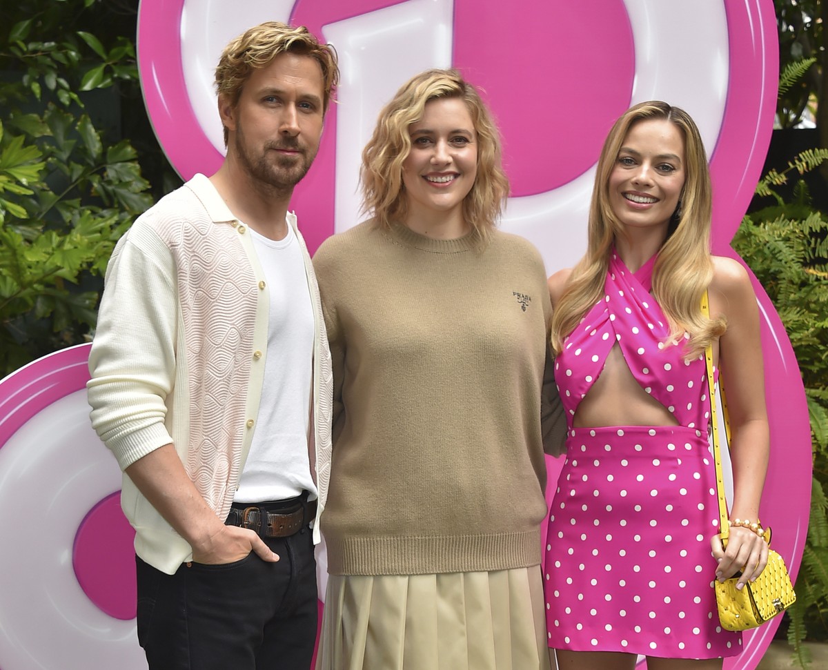 FILE - Ryan Gosling, from left, Greta Gerwig and Margot Robbie arrive at a photo call for "Barbie" on June 25, 2023, at the Four Seasons Hotel in Los Angeles. Vietnam's state media have ...