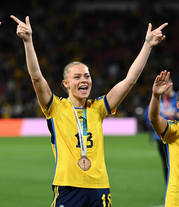 WWC23 THIRD PLACE PLAYOFF AUSTRALIA SWEDEN, Fridolina Rolfo of Sweden of Sweden celebrates winning the FIFA Women s World Cup 2023 Third Place Playoff match between Australia and Sweden at Brisbane St ...