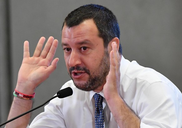 epa06839669 Italian Interior Minister Matteo Salvini speaks during a press conference at Viminale palace in Rome, 25 June 2018. According to reports, earlier in the day Salvini visited Tripolis and ca ...