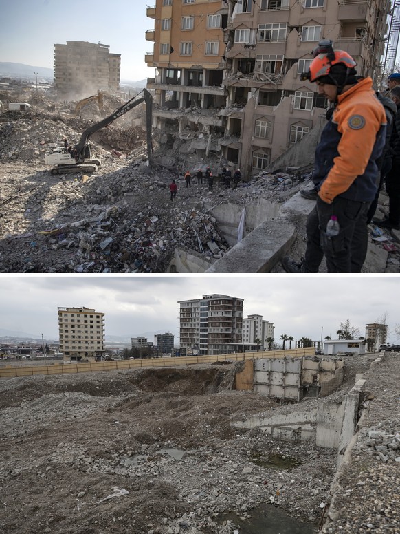 epa11129842 (COMPOSITE) - A composite image made available on 05 February 2024 shows excavators removing debris from collapsed buildings after a powerful earthquake hit Kahramanmaras, Turkey, 18 Febru ...