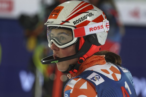 Slovakia&#039;s Petra Vlhova looks at the scoreboard after finishing second in a alpine ski, women&#039;s World Cup slalom in Flachau, Austria, Tuesday, Jan.16, 2024. (AP Photo/Marco Trovati)