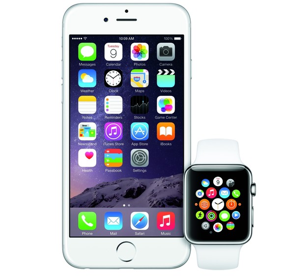 epa04393032 A handout image provided by Apple shows the new Apple Watch (R) and new iPhone 6 (L) introduced during Apple&#039;s launch event at the Flint Center for the Performing Arts in Cupertino, C ...
