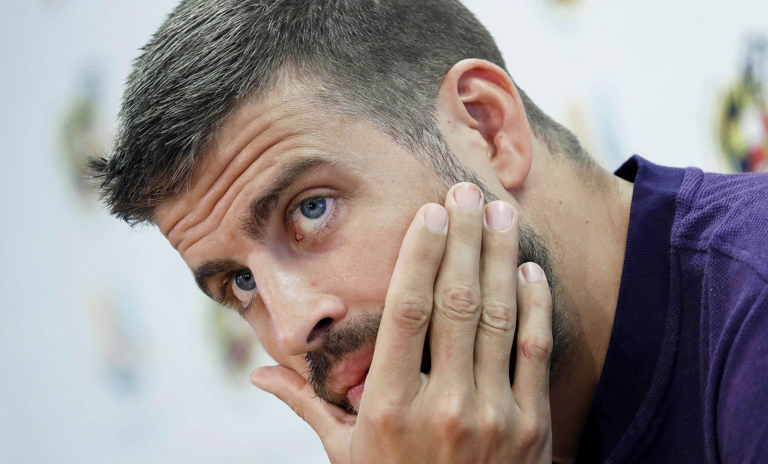 epa06943717 FC Barcelona&#039;s defender Gerard Pique attends a press conference in Barcelona, Spain, 11 August 2018. FC Barcelona will face FC Sevilla in the Spanish Super Cup at Stade Ibn Battouta i ...