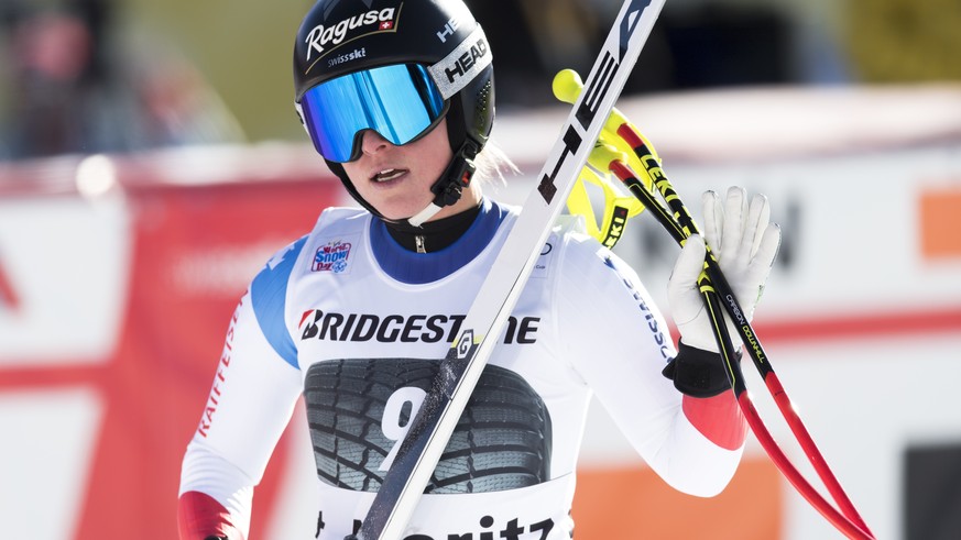 Lara Gut-Behrami of Switzerland reacts in the finish area during the women&#039;s Super-G race at the Alpine Ski World Cup, in St. Moritz, Switzerland, Saturday, Dec. 8, 2018. (Gian Ehrenzeller/Keysto ...