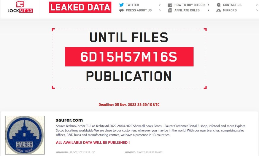 Kriminelle drohen am 5. November 2022 erneut, Firmendaten von Saurer zu veröffentlichen.