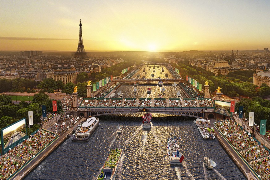 This computer generated image provided Tuesday May 23, 2023 by Paris 2024 shows an aerial view of Paris with the Eiffel tower and the Seine river during the opening ceremony of the Paris 2024 Olympic  ...
