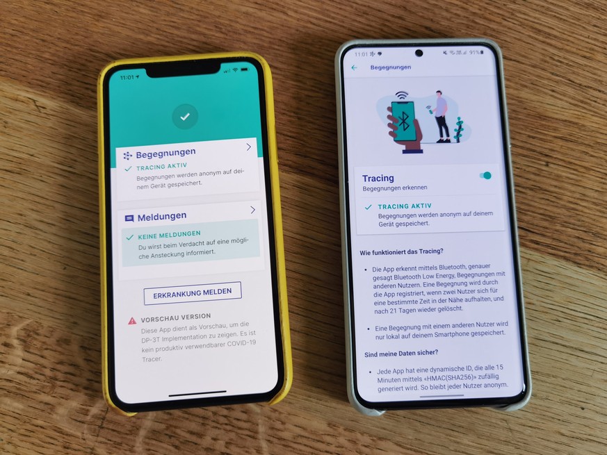 Die Testversion der Schweizer Corona-App für iOS und Android.