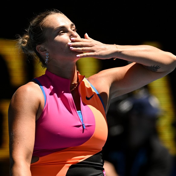 epa12673094 Aryna Sabalenka of Russia celebrates match point during the women's third round match against Anastasia Potapova of Austria on day 6 of the 2026 Australian Open tennis tournament at M ...
