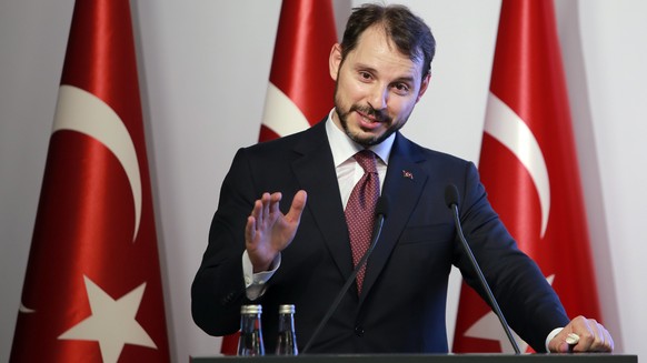 Berat Albayrak, Turkey&#039;s Finance and Treasury Minister, son-in-law of President Recep Tayyip Erdogan, speaks about a &quot; new economic model &quot; in Istanbul, Friday, Aug. 10, 2018. Turkey wa ...