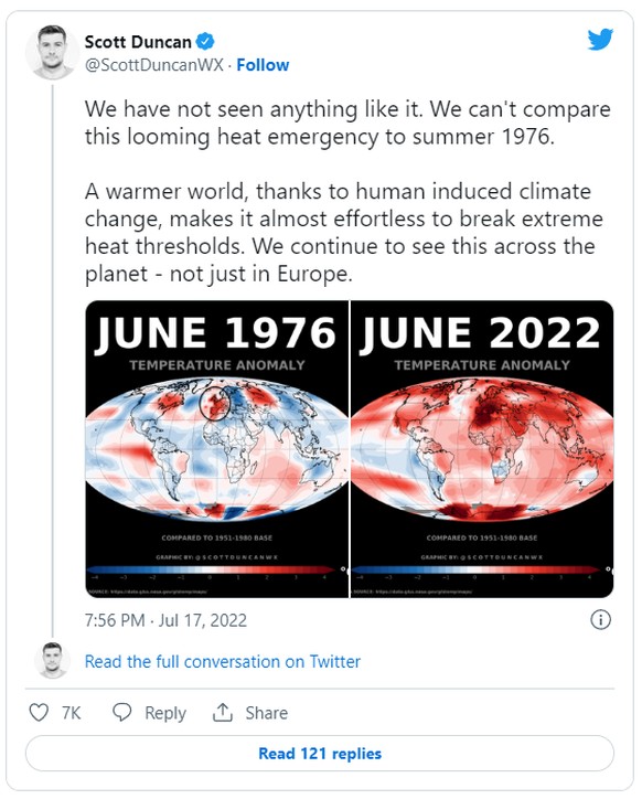 Meteorologe Scott Duncan: «So etwas haben wir noch nicht erlebt. Wir können diese drohende Hitzewelle nicht mit dem Sommer 1976 vergleichen. Eine wärmere Welt macht es dank des vom Menschen verursacht ...