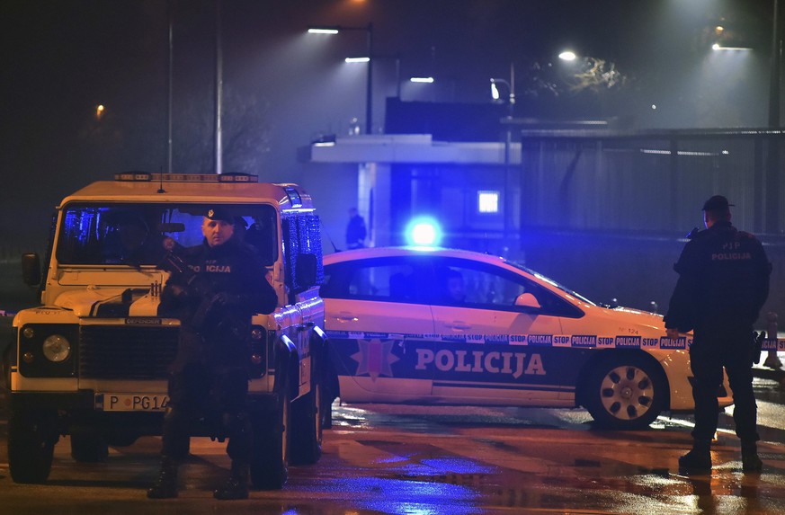 Police block off the area around the U.S. Embassy in Montenegro&#039;s capital Podgorica, Thursday, Feb. 22, 2018. Montenegro says an attacker threw a grenade at the U.S. Embassy in the capital of the ...