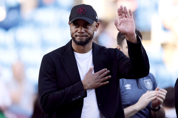 Burnley manager Vincent Kompany gestures, during the English Premier League soccer match between Burnley and Nottingham Forest, at Turf Moor, in Burnley, England, Sunday, May 19, 2024. (Richard Seller ...
