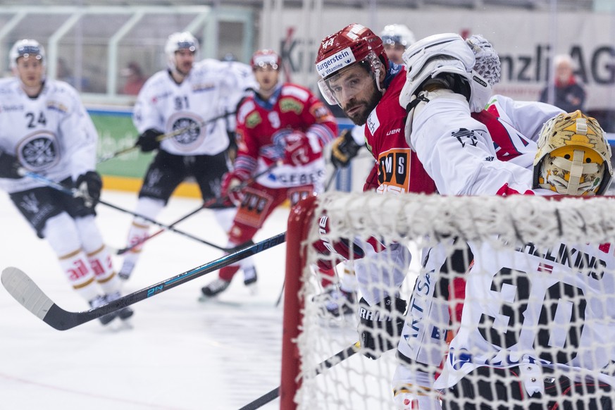 SC Rapperswil-Jona Lakers Stuermer Roman Schlagenhauf gegen Luganos Torhueter Elvis Merzlikins, im Eishockey Meisterschaftsspiel der National League zwischen den SC Rapperswil-Jona Lakers und dem HC L ...