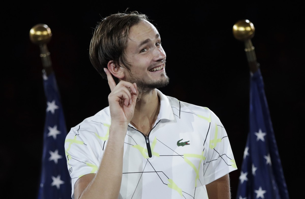 Daniil Medvedev, of Russia, reacts whiles answering questions after losing to Rafael Nadal, of Spain, in the men's singles final of the U.S. Open tennis championships Sunday, Sept. 8, 2019, in Ne ...