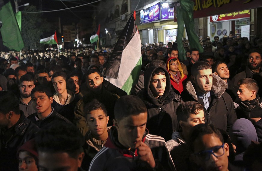 Hamas supporters stage a protest against the possible U.S. decision to recognize Jerusalem as Israel&#039;s capital, in Jebaliya Refugee Camp, Gaza Strip, Wednesday, Dec. 6, 2017. President Donald Tru ...