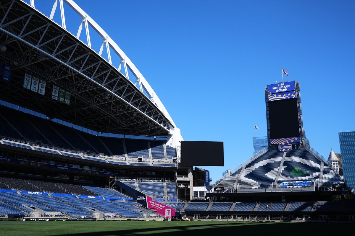 Seattle Stadium, normally known as Lumen Field, is seen with new signage as preparations continue ahead of the 2026 FIFA World Cup matches, Wednesday, May 27, 2026, in Seattle. (AP Photo/Lindsey Wasso ...