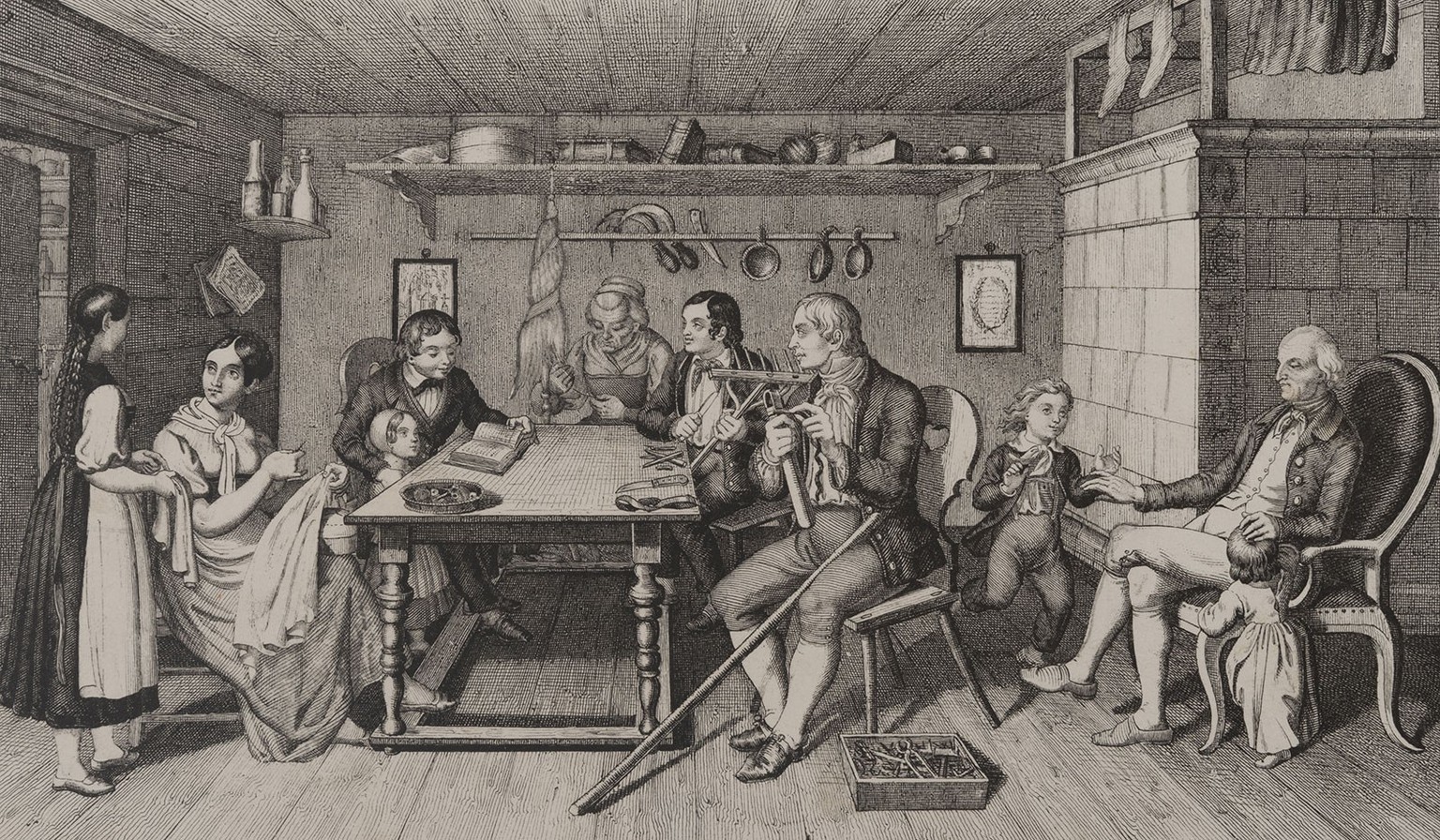 Flicken als historischer Normalfall: In der Bauernstube führen die Frauen Handarbeiten aus, während die Männer Werkzeug reparieren. Druckgrafik, wohl von Jakob Kaiser, um 1850.
https://permalink.natio ...