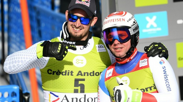 ABD0021_20190313 - SOLDEU - ANDORRA: (v.l.) Dominik Paris (ITA) und Beat Feuz (SUI) am Mittwoch, 13. Maerz 2019, anl. der Abfahrt der Herren im Rahmen des Weltcup-Finales in Soldeu (Andorra). (KEYSTON ...