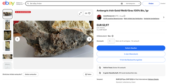 Ambra oder Amber (Pottwalkotze) auf Ebay. 2. Dezember 2025.