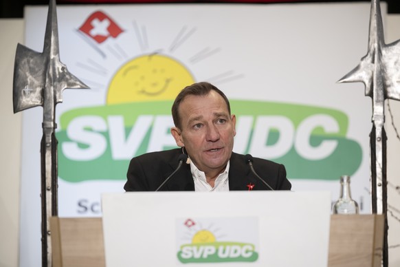 Nationalrat Thomas Matter spricht an der Delegiertenversammlung der SVP Schweiz, am Samstag, 28. Maerz 2026, in Maienfeld. (KEYSTONE/Gian Ehrenzeller)