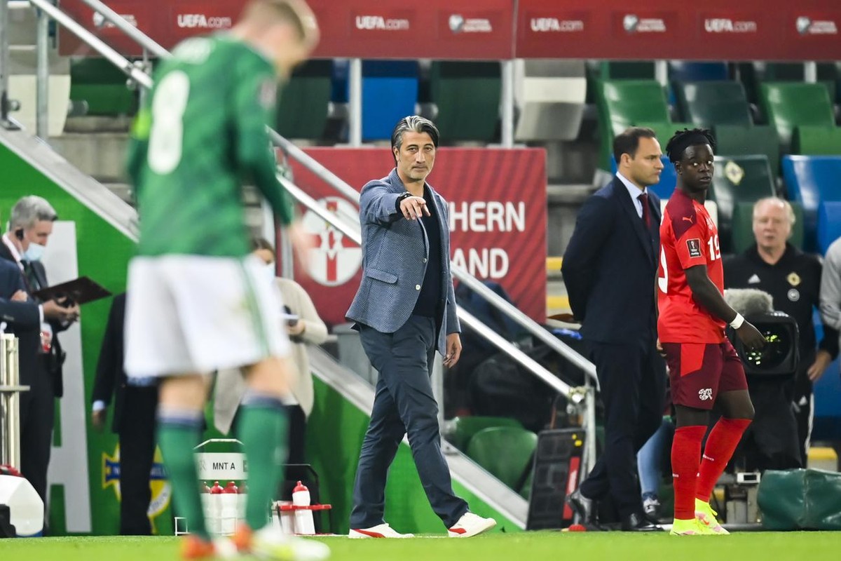 Switzerland's head coach Murat Yakin during the 2022 FIFA World Cup European Qualifying Group C soccer match between Northern Ireland and Switzerland at Windsor Park stadium in Belfast, Northern  ...