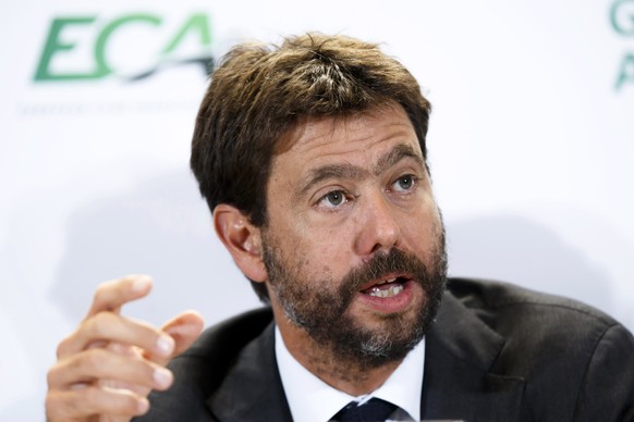 epa07832149 Italy&#039;s Andrea Agnelli, chairman of the European Club Association (ECA), speaks during a press conference after the general assembly of the ECA in Geneva, Switzerland, 10 September 20 ...