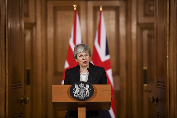 epa07451815 British Prime Minister Theresa May makes a statement inside number 10 Downing Street in London, Britain, 20 March 2019. According to reports, British Prime Minister Theresa May has request ...