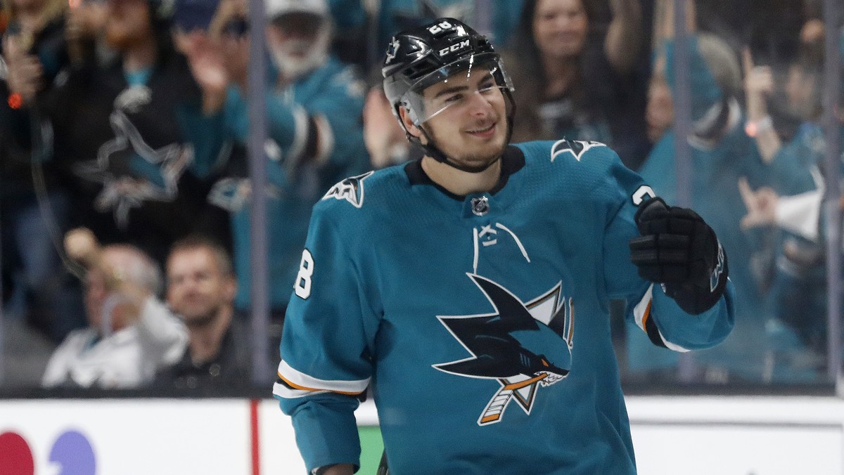 San Jose Sharks' Timo Meier celebrates a goal against the St. Louis Blues in the second period in Game 1 of the NHL hockey Stanley Cup Western Conference finals in San Jose, Calif., Saturday, May ...