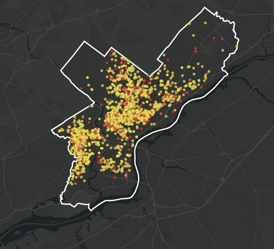 Karte von Philadelphia mit den 2335 Schusswaffen-Opfern im Jahr 2021. Gelb: verletzte Personen, rot: die 562 Todesopfer.