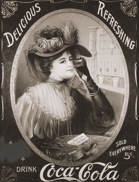 Coca Cola advertisement showing an illustrated seated woman drinking Coca Cola. Advertisement circa 1900.