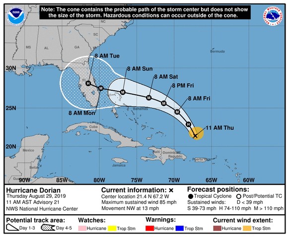 epa07801592 A handout graphic released by the National Oceanic &amp; Atmospheric Administration (NOAA) shows the five-day forecast track of Hurricane Dorian over the Atlantic Ocean (Issued 29 August 2 ...