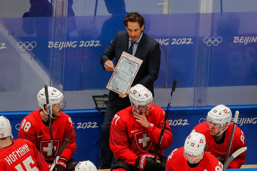 epa09759131 Switzerland head coach Patrick Fischer during the Men&#039;s Ice Hockey Qualification Play-off match between Czech Republic and Switzerland at the Beijing 2022 Olympic Games, Beijing, Chin ...