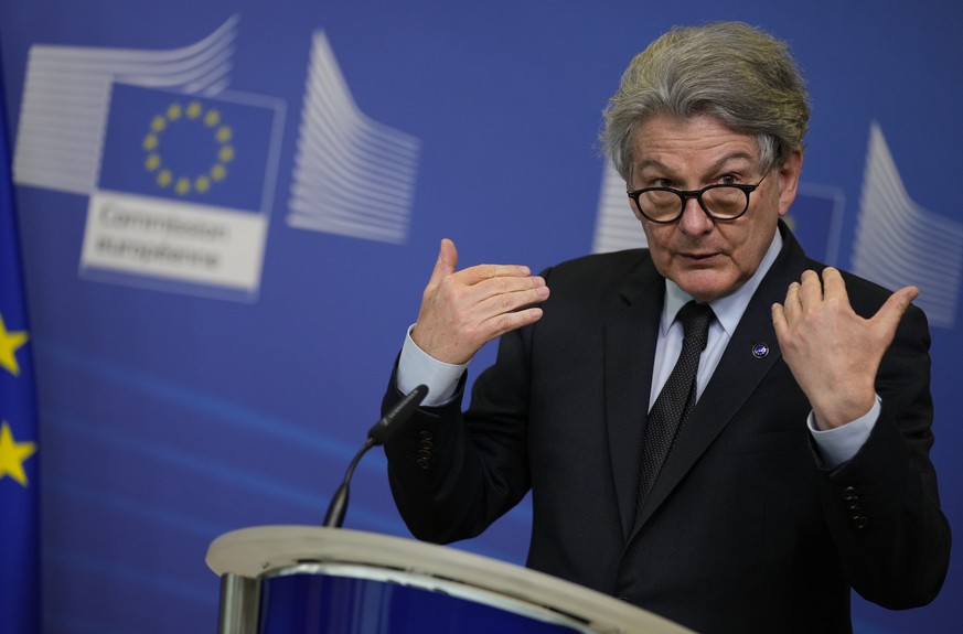 FILE - European Commissioner for Internal Market Thierry Breton speaks during a signature ceremony regarding the Chips Act at EU headquarters in Brussels, on Feb. 8, 2022. Breton warned Elon Musk on W ...
