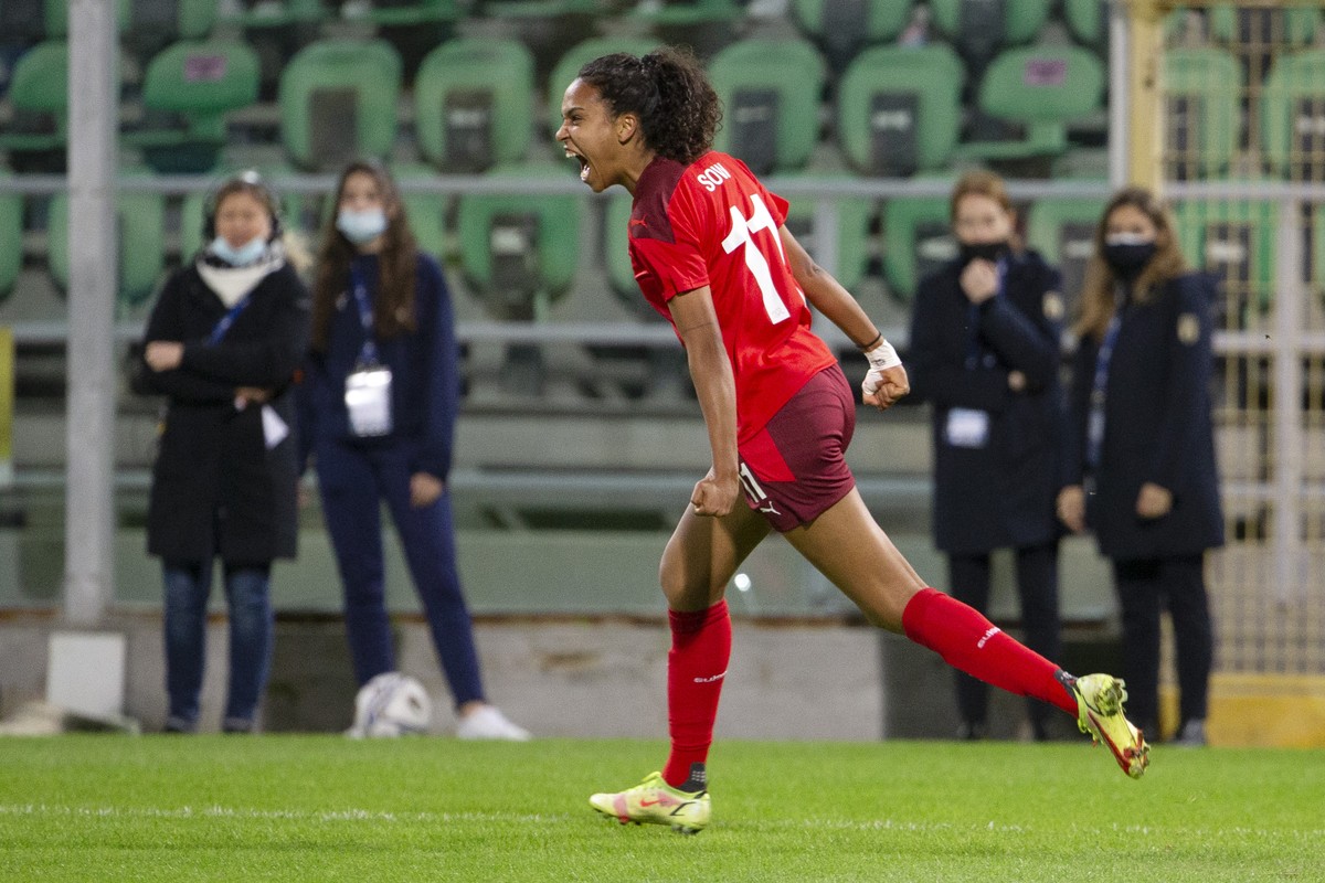 Switzerland's midfielder Coumba Sow #11 celebrates her goal after scoring the 0:1, during the FIFA Women's World Cup 2023 qualifying round group G soccer match between the national soccer te ...