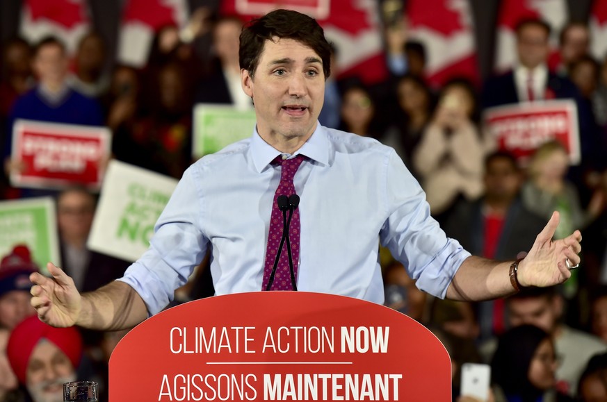 Prime Minister Justin Trudeau speaks at a Liberal Climate Action Rally in Toronto, Monday, March 4, 2019. (Frank Gunn/The Canadian Press via AP)