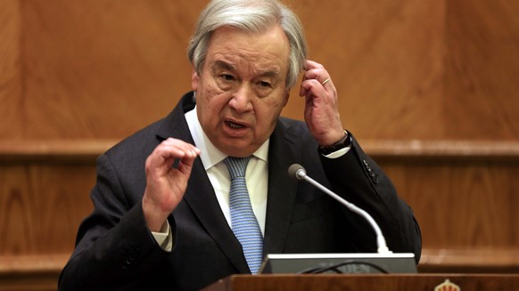 epaselect epa11242446 United Nations Secretary-General Antonio Guterres speaks during a press conference with Jordan&#039;s Foreign Minister (not pictured), in Amman, Jordan, 25 March 2024. Gutteres v ...