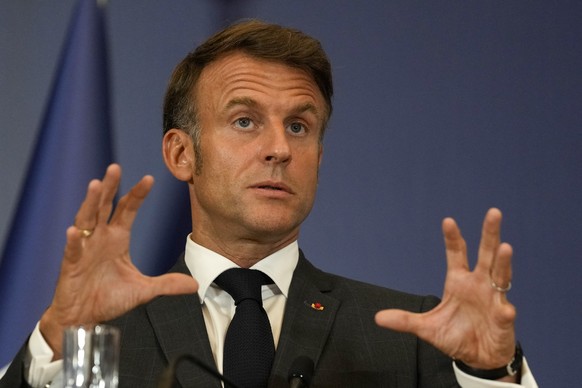 French President Emmanuel Macron gestures during a joint press conference with Serbian President Aleksandar Vucic in Belgrade, Serbia, Thursday, Aug. 29, 2024. French President Emmanuel Macron starts  ...