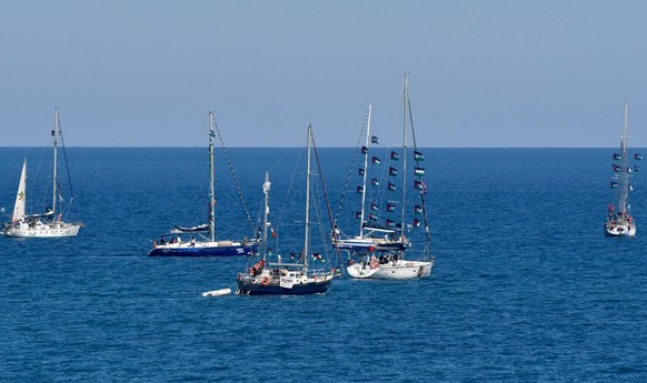 epa12915452 Vessels participating in the Global Sumud Flotilla (GSF) depart from the Port of Xiphonia in Augusta, near Syracuse, Sicily island, southern Italy, 26 April 2026. The boats are part of the ...