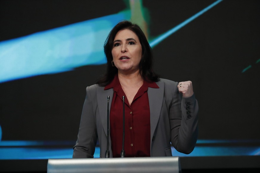 epa10204662 Brazilian presidential candidate Simonte Tebet takes part in an electoral debate at the headquarters of the television channel SBT in Sao Paulo, Brazil, 24 September 2022. Former Brazilian ...