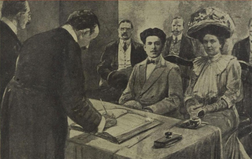 Luise heiratet den Musiker Enrico Toselli: heimlich in London. Illustration aus «Das interessante Blatt», 3. Oktober 1907.